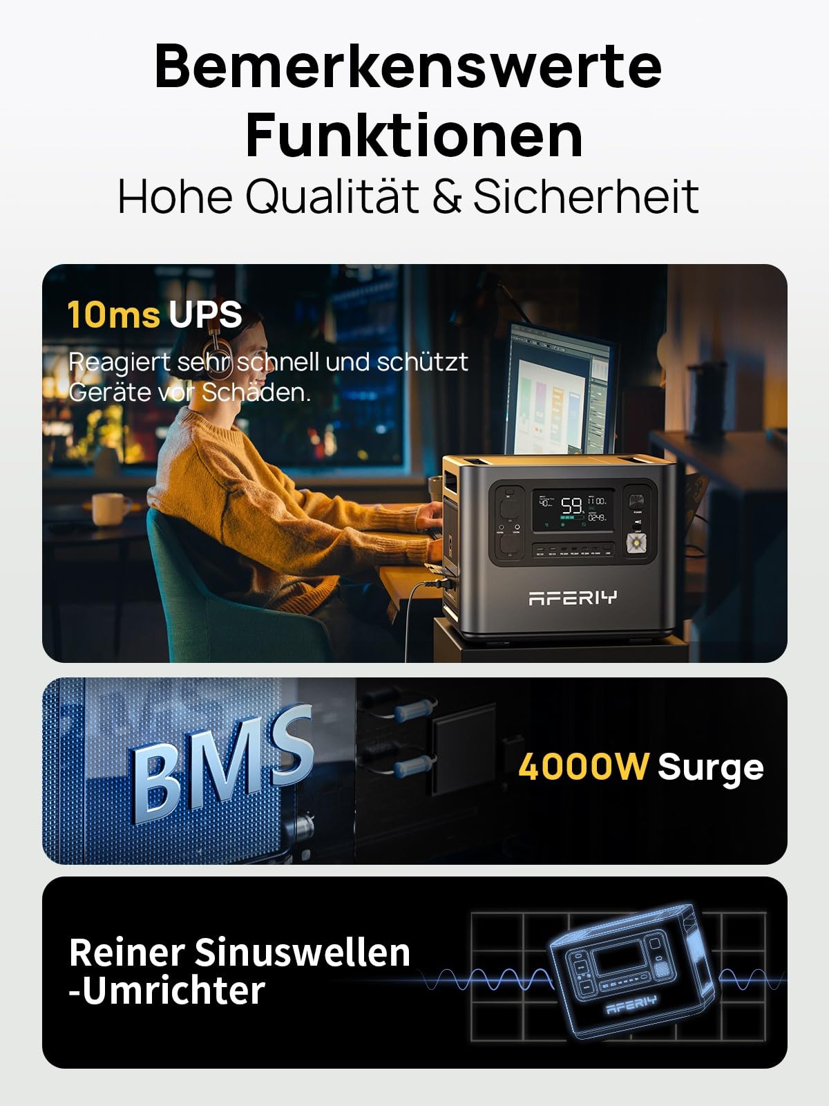 AFERIY 2400W Tragbare Powerstation, 2048Wh LiFePO4 Batterie, 1,7 Stunde Schnellladung, 13 Anschlüsse, Sinuswellen 230V, USV, Mobile Stromversorgung für Outdoors Camping, 7 Jahre Garantie